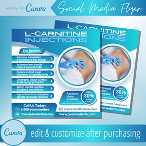 Sjabloon folder L-carnitine-injecties - Injectieshots L-carnitine-vitamine Sjablonen flyers - Afspraak voor therapie met levocarnitine