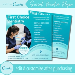 Modelo de folheto odontológico - Modelos de folhetos odontológicos editáveis - E-flyer de consulta odontológica no Facebook - E-flyers de clínica de ortodontia no Instagram