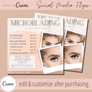 Plantilla de volante para redes sociales para citas de microblading - Volantes para técnicos de cejas con microblading - Lista de precios de cejas 3D semipermanentes con microblading