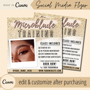 Op de afbeelding: Een social media flyer voor microblade training, met een gouden glitter achtergrond en de tekst "Microblade Training". Bevat een foto van een oog en vermeldt klasinclusies zoals een starterkit en persoonlijke mentorship. De flyer is aanpasbaar.