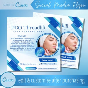 Op de afbeelding: Een blauwe en witte social media flyer adverteert voor PDO Threadlift, een niet-chirurgische procedure die biocompatibele draden gebruikt om verslapte huid en de kaaklijn te liften en te verstevigen. De flyer bevat een foto van een vrouw die de behandeling ondergaat, een korting van 30% op meerdere sessies en een call-to-action om nu te boeken.