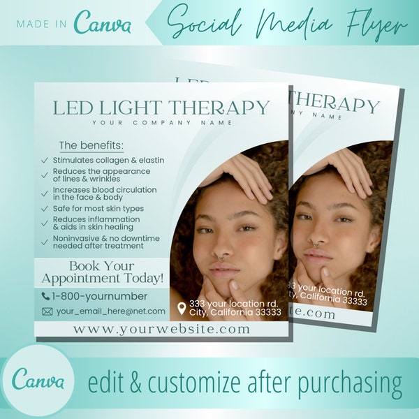 LED Light Therapy Flyer Template - Red Light Therapy Facial Flyers - Light Emitting Diode Treatment - Esthetician Spa Appointment Template