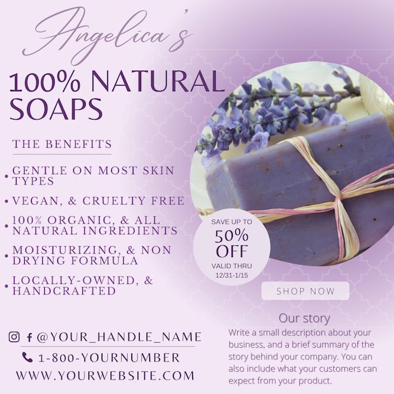 Handmade Soap Flyer Template - Editable Instagram Homemade Soaps Small Business Flyers Templates - Natural Handcrafted Glycerin Soap Eflyer