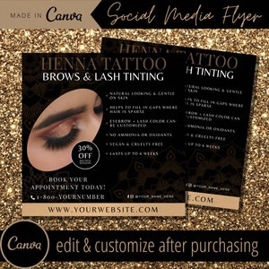 Puede incluir: Un folleto de redes sociales para los servicios de tatuaje de henna para cejas y tinte de pestañas. El folleto presenta una imagen de primer plano de un ojo con cejas y pestañas de henna. El folleto incluye el texto "Henna Tattoo Brows & Lash Tinting", "30% Off", "Book Your Appointment Today!" y "www.yourwebsite.com".