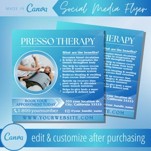 Puede incluir: Un folleto de redes sociales azul y blanco para Presso Therapy. El folleto incluye texto sobre los beneficios de la terapia, una foto de una persona recibiendo tratamiento e información de contacto. El logotipo de Canva es visible.