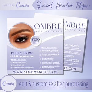 Modello di volantino per Masterclass sulle sopracciglia Ombre - Modelli di volantini per corsi di formazione sulle sopracciglia Ombré Powder - Post Instagram del corso PMUA Tattoo Eyebrow