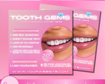 Tooth Gems Flyer Template - Teeth Gem Swarovski Crystal Application Flyers - Gold Tooth Charm Templates - Y2K Dental Rhinestone Charms Post