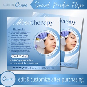 May include: A blue and white social media flyer advertising mesotherapy. The flyer features a woman receiving a facial treatment and lists the benefits of mesotherapy, including improving the appearance of fine lines and wrinkles, evening skin tone, and increasing collagen production. The flyer also includes a call to action to book today and provides a phone number and website address.