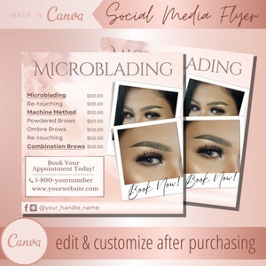 Modelo de folheto de microblading - Folhetos de lista de preços de microblading - Modelos de microshading de sobrancelhas ombré - Postagem do Instagram de microblading de sobrancelhas combinadas