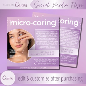 Puede incluir: Un folleto de redes sociales para un procedimiento de micro-coring, con una mujer tocándose la cara. El folleto es en tonos morados y blancos, con texto que dice "micro-coring" y "Tightens Jawline". También incluye una oferta de descuento.