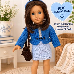 May include: A crochet pattern PDF download for 18-inch dolls, featuring a doll wearing a blue cardigan, light blue skirt, brown shoes, and a brown bag. The text reads CROCHET PATTERN, PDF DOWNLOAD, FOR 18-INCH DOLLS, Designed to fit American Girl dolls, My Own Hook & Yarn.