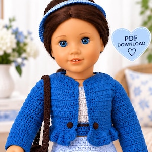 May include: A doll wearing a blue crocheted cardigan with two dark brown buttons, a white crocheted top, and a light blue crocheted skirt. The doll has brown hair with a blue headband and carries a dark brown crocheted bag. Text reads CROCHET PATTERN PDF DOWNLOAD.