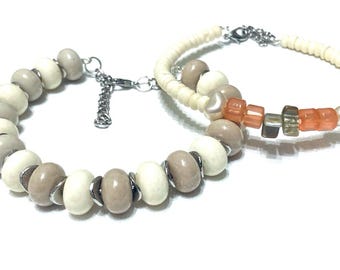 Boho Hippie Bracelet Set for Women 2pc Handmade Neutral Beaded Bracelets, Vintage Inspired Earth Tone Jewelry, Stackable Bracelet Gift