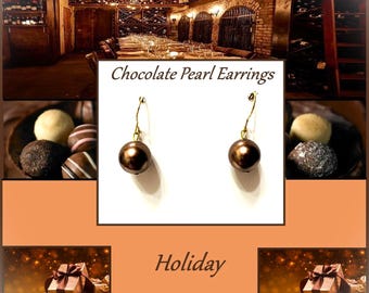 Holiday 18kgp ~CHOCOLATE PEARL EARRINGS~ Boutique Cut Dainty Dangle Earrings