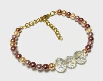 Mauve & Cream Color Dainty Pearl Beaded Handmade Bracelet with Chunky Crystals