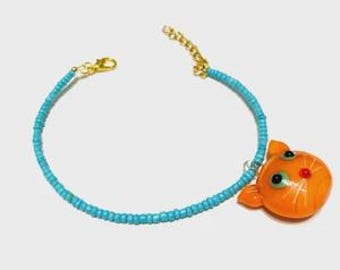 Halloween Orange and Blue Beaded Bracelet with Cat Charm Seed Bead Bracelet