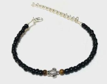 Turtle Black Beaded Seed Bead Bracelet Adjustable Chain for Women