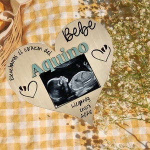 Support personnalisé pour faire-part de grossesse, espagnol, cadre pour échographie 3D, cadeau de baby shower, plaque en bois pour la date d'accouchement