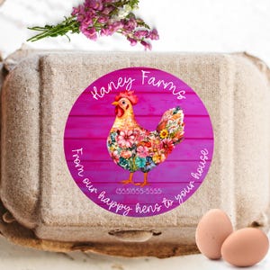 May include: An egg carton with a round sticker featuring a colorful hen illustration. The sticker reads "Haney Farms" and "From our happy hens to your house." Two brown eggs are in front of the carton.
