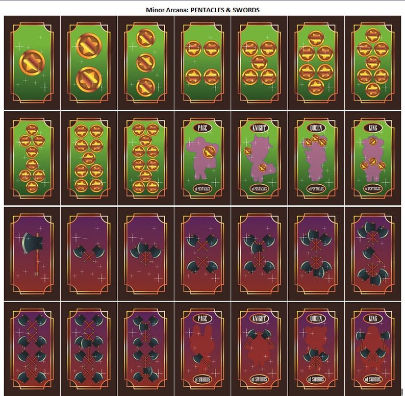 May include: A collection of tarot cards featuring the Minor Arcana suits of Pentacles and Swords. The Pentacles cards display gold coins on a green background, while the Swords cards show crossed axes. The cards are framed in gold with the text "Minor Arcana: PENTACLES & SWORDS".