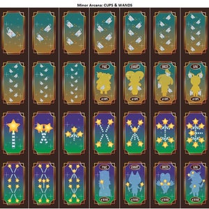 May include: A collection of tarot cards featuring the Minor Arcana suits of Cups and Wands. Each card has a gold border and a gradient background of blue, green, and orange. The cards display various symbols, including cups, stars, and wand-like shapes. The text "Minor Arcana: CUPS & WANDS" is at the top.