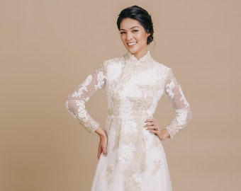 Modern Vietnamese Wedding Dress | Traditional Ao Dai For Women | áo dài cách tân | Ao Dai Cuoi | White Gold Lace Bridal Tea Ceremony Dress