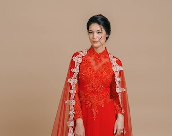 Modern Vietnamese Wedding Dress With Cape | Traditional Ao Dai For Women | áo dài cách tân | Ao Dai Cuoi | Red Bridal Tea Ceremony Dress