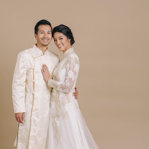 Modern Ao Dai For Men | Traditional Vietnamese Ao Gam | Long Dress for Men | Tea Ceremony Groom Attire | Ao Dai Nam Chu Re | Áo dài Gấm