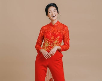 Modern Chinese Wedding Jumpsuit | Red Cheongsam Dress | Traditional Qipao For Women | Bridal Tea Ceremony Dress | Custom Lace Jumpsuit