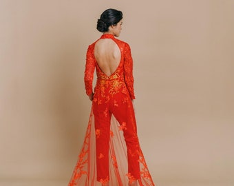 Modern Vietnamese Wedding Dress Jumpsuit | Traditional Ao Dai For Women | áo dài cách tân | Ao Dai Cuoi | Red Lace Bridal Tea Ceremony Dress