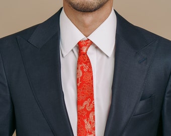 Red Brocade Skinny Dragon Tie with Embroidered Chinese Dragons | Chinese Vietnamese Wedding Groom Outfit