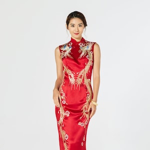 Silk Phoenix Cheongsam Dress | Chinese Wedding Dress | Qipao Dress | Traditional Qipao Dress | Tea Ceremony Silk Chinese Dress