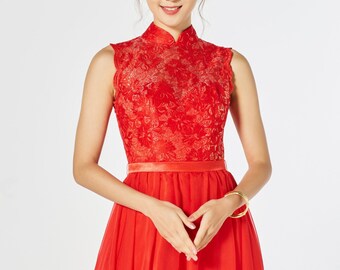 Red Ao Dai In Lace And Chiffon Custom Made Vietnamese Dress Etsy