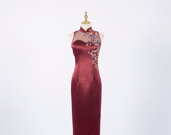 Wine Red Cheongsam Dress, Custom Qipao, Modern Chinese Wedding Dress, Chinese Tea Ceremony Dress, Formal Sheath Dress, Satin Floral Dress