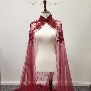 Cheongsam Cape, Chinese Wedding Veil, Modern Qipao Cape, Wine Red Lace Cape Veil, Wedding Bridal Cathedral Cape, Mandarin Collar Cape