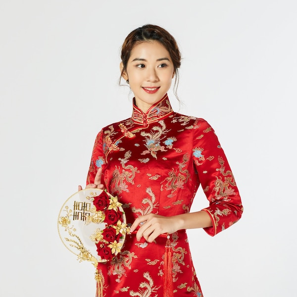 Anpassad röd cheongsam | Röd cheongsam brudklänning | Anpassad qipao | Kinesisk klänning | Kinesisk brudklänning | Qipao-klänning för teceremoni