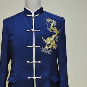 Tang Suit Jacket Sample, Blue Chinese Wedding Jacket, Tang Suit, Chinese Groom Jacket, Chinese Changshan, Men&#39;s Cheongsam, Gold Dragon