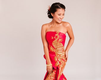 Vestido de noiva chinês | Vestido cheongsam moderno vermelho e dourado | Qipao personalizado | Vestido chinês personalizado | Vestido chinês | Vestido qipao para cerimônia do chá