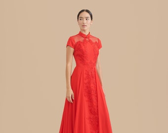 Chinese Wedding Dress | Modern Qipao | Red Cheongsam Wedding Dress | Traditional Chinese Dress | Bridal Qipao Dress Tea Ceremony