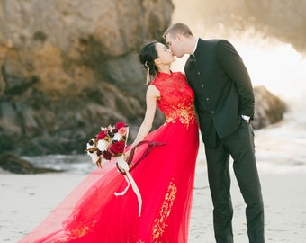 Chinese Wedding Dress | Modern Qipao | Red Cheongsam Wedding Dress | Traditional Chinese Dress | Bridal Qipao Dress Tea Ceremony