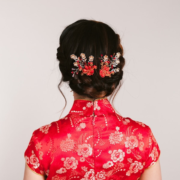 Chinese Wedding Hairpin Set | Red Bridal Hairclips | Chinese Cheongsam Hair Accessories & Headdress