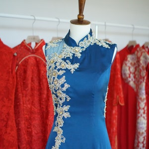 Chinese Wedding Dress | Custom Blue Cheongsam (Qipao) | Modern Silk Chinese Dress| Qipao Dress Tea Ceremony | Traditional Bridal Dress