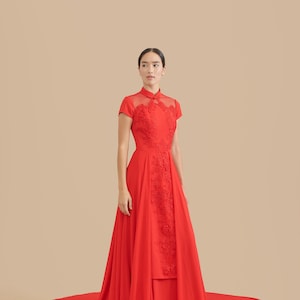 Chinese Wedding Dress | Modern Qipao | Red Cheongsam Wedding Dress | Traditional Chinese Dress | Bridal Qipao Dress Tea Ceremony
