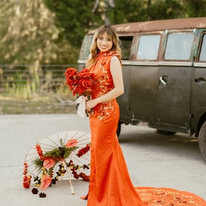 Red Gold Cheongsam Dress, Modern Chinese Wedding Dress, Custom Qipao, Chinese Tea Ceremony Dress, Contemporary Chinese Bridal Dress