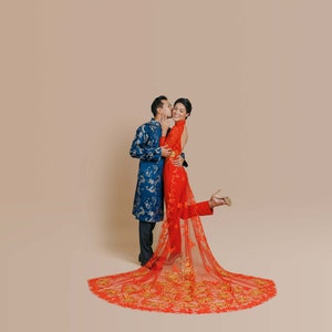 Modern Vietnamese Wedding Dress Jumpsuit | Traditional Ao Dai For Women | áo dài cách tân | Ao Dai Cuoi | Red Lace Bridal Tea Ceremony Dress
