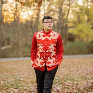Tang Suit Jacket, Men&#39;s Chinese Wedding Jacket, Chinese Changshan, Chinese Wedding Groom Jacket, Male Cheongsam, Red Gold Wedding Jacket