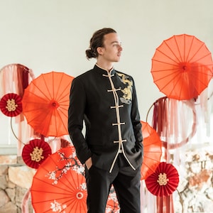 Chinese Wedding Groom Jacket, Tang Suit Jacket, Chinese Changshan, Black Gold Male Chinese Wedding Jacket, Male Cheongsam, Mens Asian Jacket