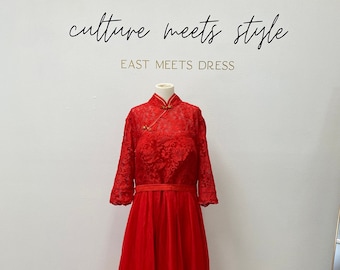 Chinese Wedding Dress Sample Sale | Modern Qipao | Red Cheongsam Wedding Dress | Traditional Chinese Dress | Bridal Qipao Dress Tea Ceremony