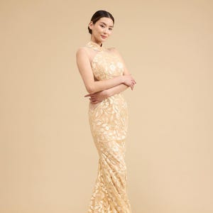 Moderne qipao | Gouden cheongsam-jurk | Moderne Chinese trouwjurk | Chinese jurk | Champagne Qipao-jurk theeceremonie