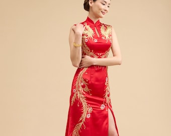slim fit dress slacks Constance Bespoke Dress | Modern Red & Gold Phoenix Qipao